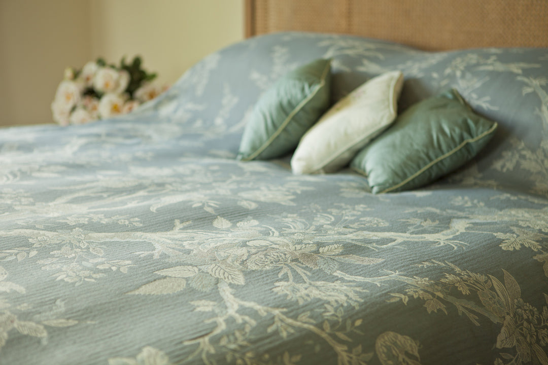 grey blue cashmere bed throw, tree of life pattern, luxury home design, bedroom decor