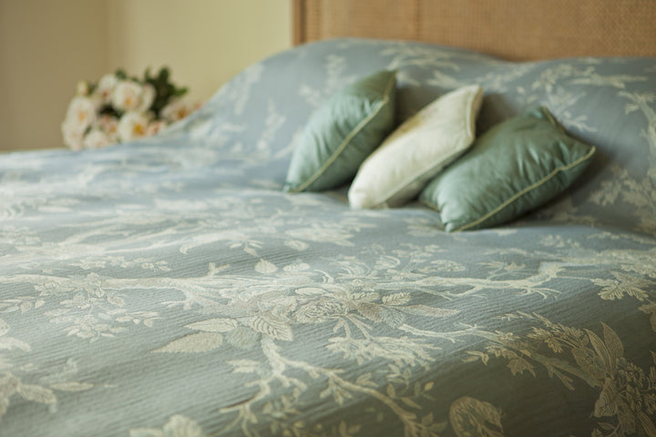 grey blue cashmere bed throw, tree of life pattern, luxury home design, bedroom decor