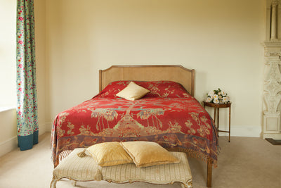 bright red cashmere bed throw, tree of life pattern, luxury home design, bedroom decor