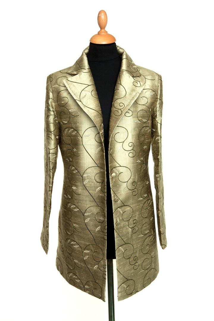 Silk gold longline jacket with pattern. Open long jacket for women. 