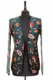 dark green embroidered silk fitted smart blazer for women, luxury office wear, alternative mother of the bride outfit