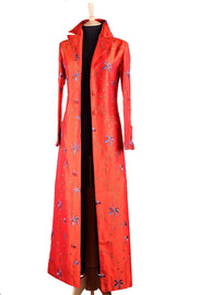 bright orange floral embroidered silk full length coat, non-traditional mother of the bride outfit, orange silk opera coat, silk maxi coat