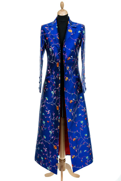 women's full length bright cobalt blue embroidered silk coat, alternative mother of the bride outfit, non-traditional wedding outfit, bridal coat, silk opera outfit