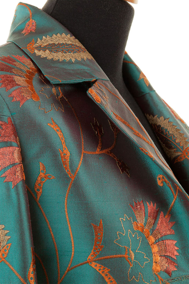 teal embroidered silk opera coat, plus size mother of the bride outfit, mother of the bride outfit with trouser