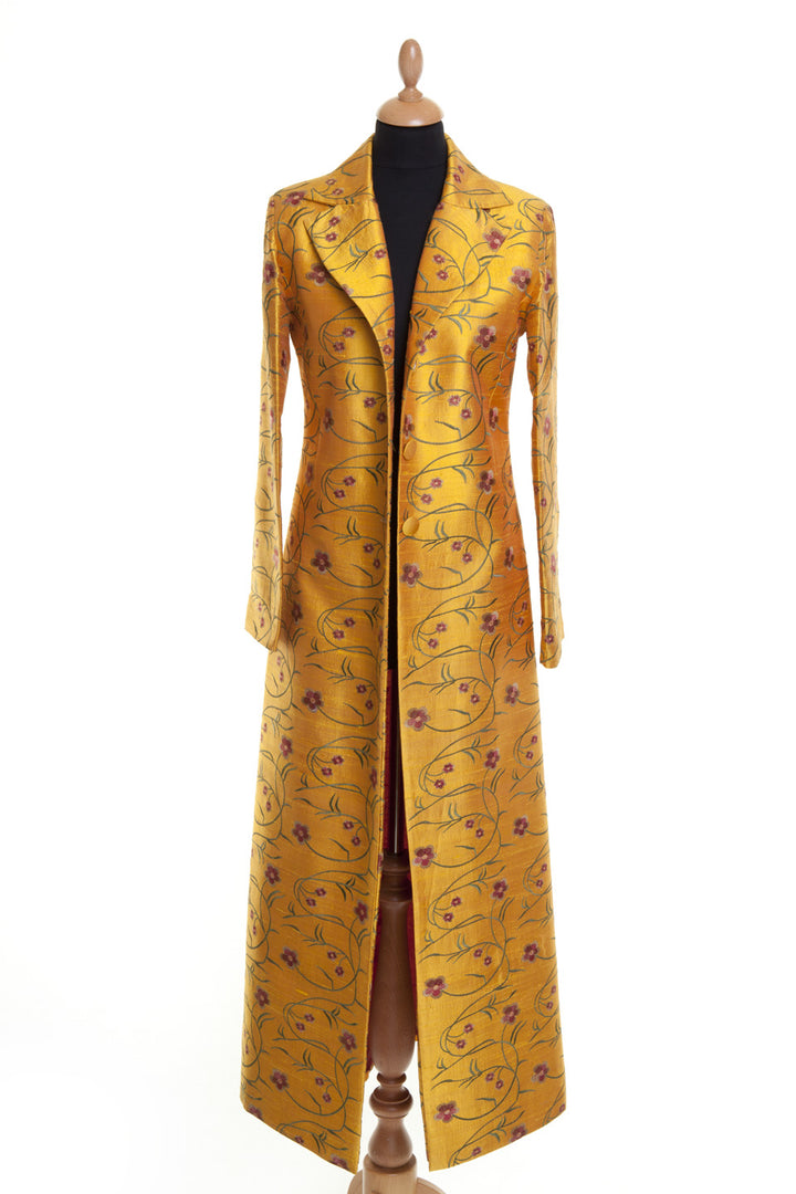 mustard yellow embroidered silk maxi coat, embroidered silk opera coat, plus size wedding outfit, alternative mother of the bride outfit, black tie event outfit