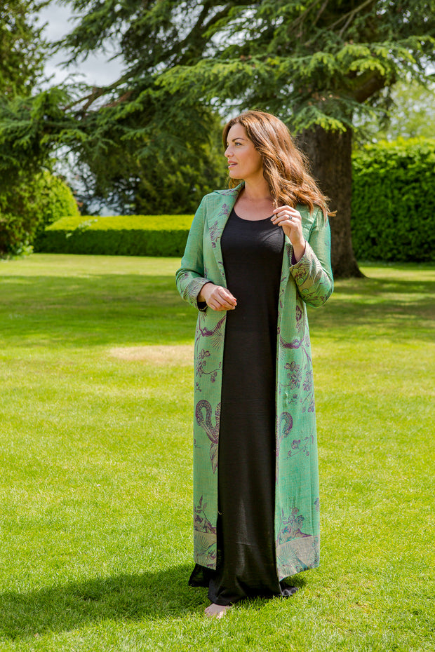 plus size mother of the bride outfit, wedding coat to wear with trousers, black tie wedding coat, green opera coat