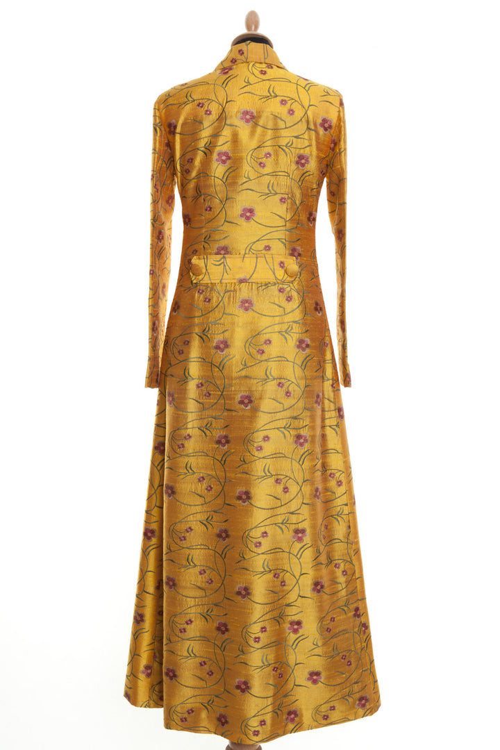 mustard yellow embroidered silk maxi coat, embroidered silk opera coat, plus size wedding outfit, alternative mother of the bride outfit, black tie event outfit