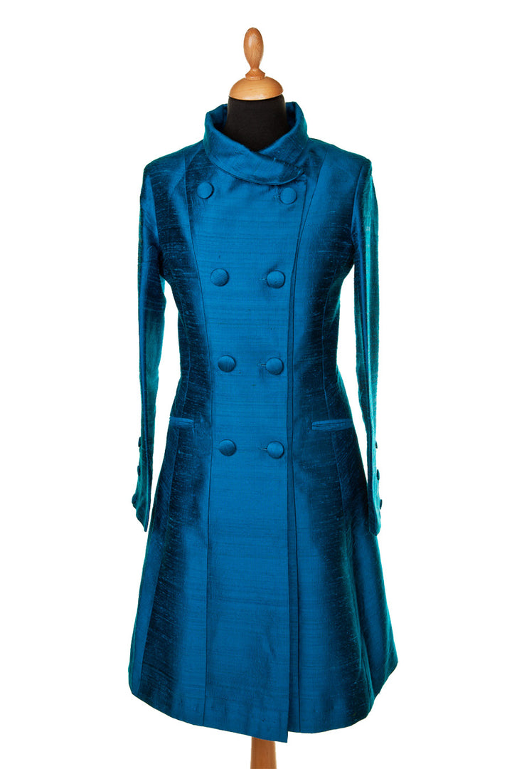 bright teal blue raw silk coat, double breasted wedding coat, mother of the bride dress coat, smart silk coat, plus size opera outfit, unusual wedding guest outfit