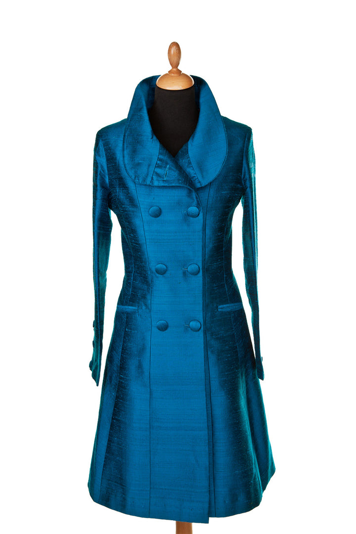 bright teal blue raw silk coat, double breasted wedding coat, mother of the bride dress coat, smart silk coat, plus size opera outfit, unusual wedding guest outfit