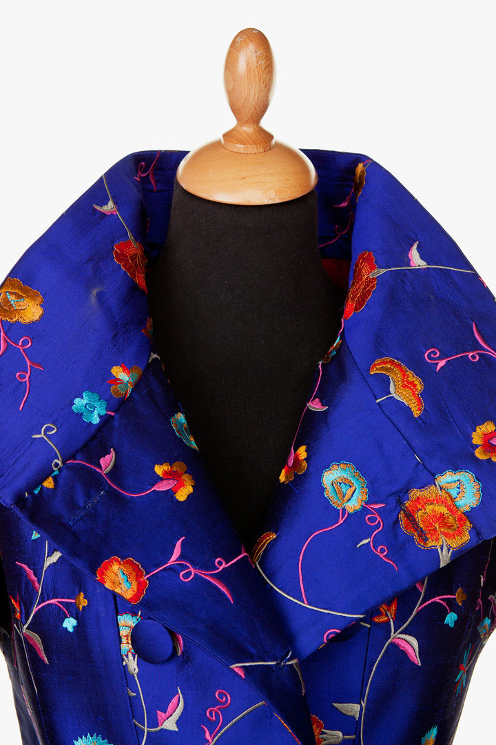 bright cobalt blue embroidered silk, blue double breasted coat, double breasted wedding coat, dress coat mother of the bride, bespoke wedding outfit, silk frock coat