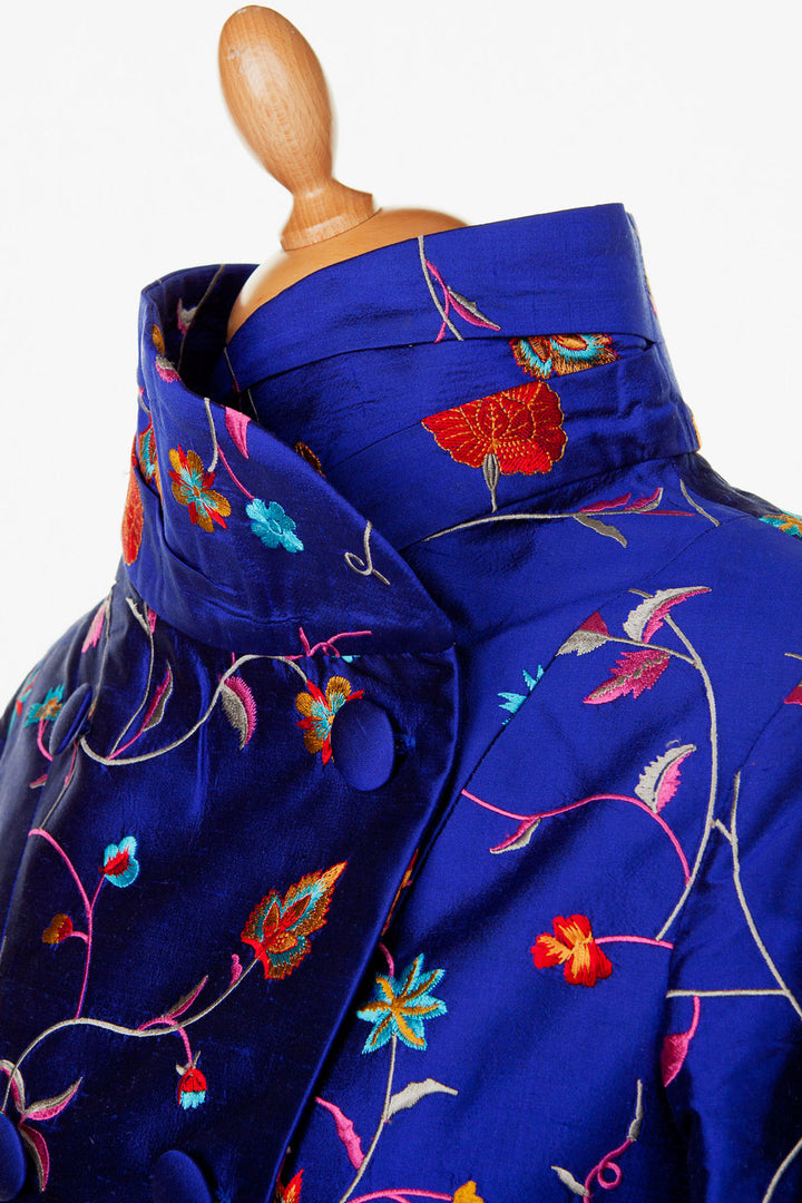 bright cobalt blue embroidered silk, blue double breasted coat, double breasted wedding coat, dress coat mother of the bride, bespoke wedding outfit, silk frock coat