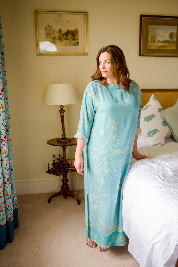 bright turquoise blue bateau neck kaftan, full length caftan, plus size loungewear, summer kaftan, cruise wear