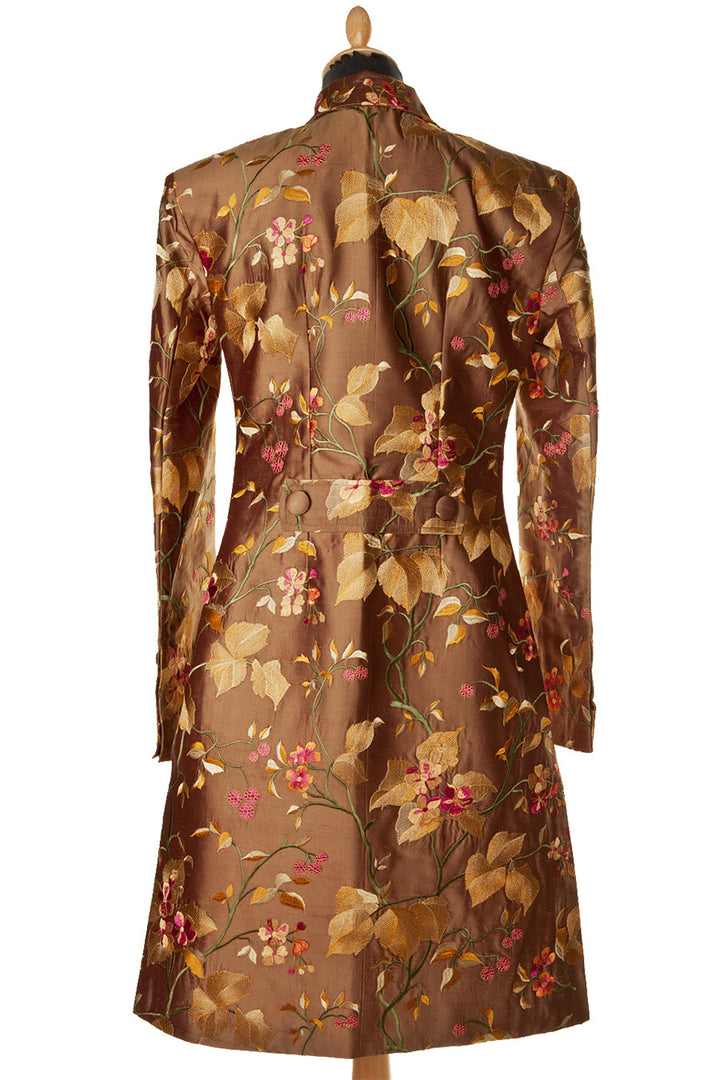Brown shibumi silk coat with flowers. Elegant women's coat for special occasion. 