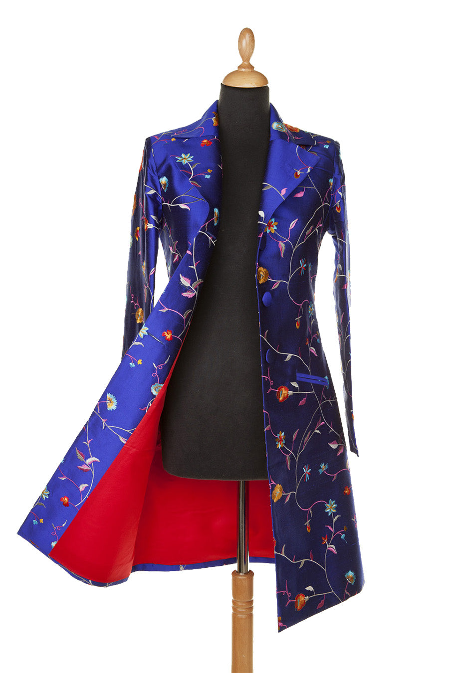 Floral blue coat made from silk. Wedding guest blue dress coat. 