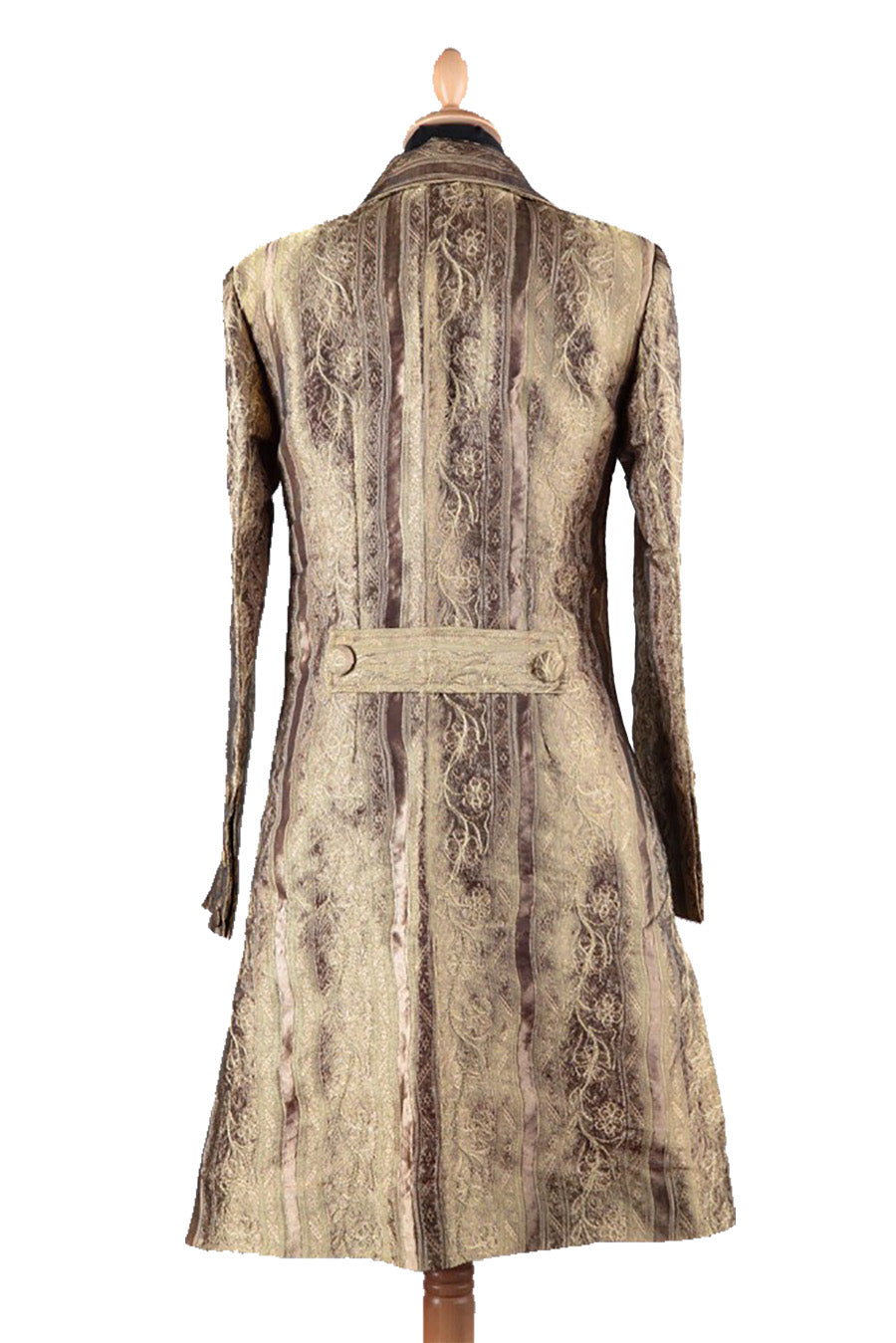 Back view of knee length gold colour coat for women. Fitted golden coat. 