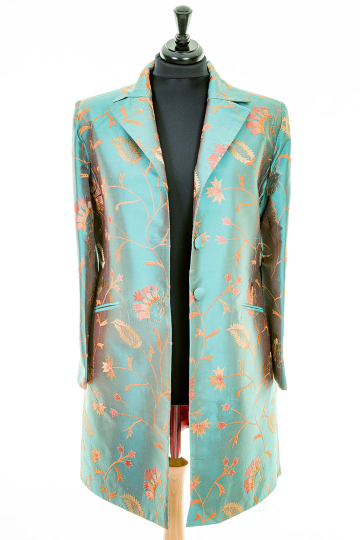 Shibumi Grace coat in teal colour with golden embroidery. Fitted women's coat with front buttons. Plus size coats for women. 