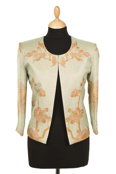 women's pale green floral cashmere cropped jacket, chanel style box jacket, mother of the bride outfit