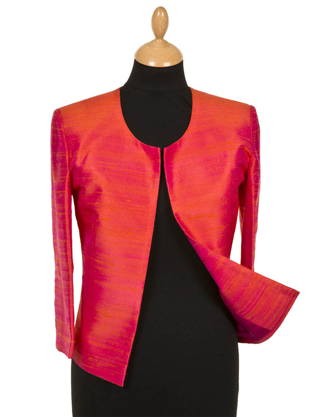 raw silk red jacket Chanel style