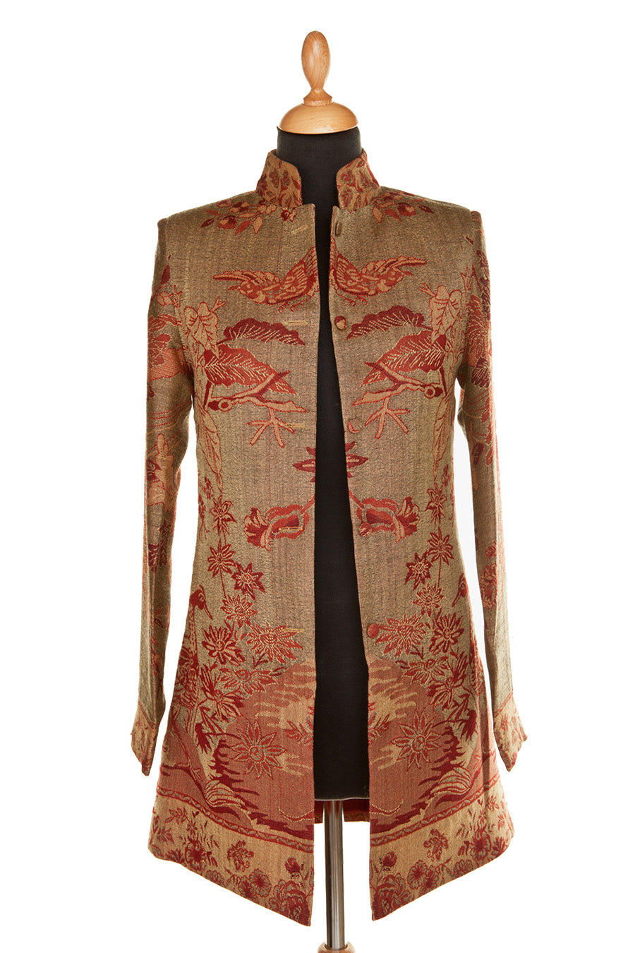 shibumi womens silk nehru jacket in green-brown