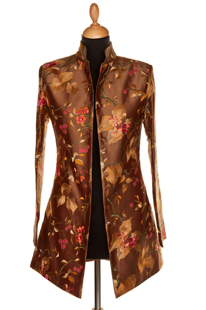 brown silk jacket with amazing embroidery. Golden and red flowers on  long jacket. 