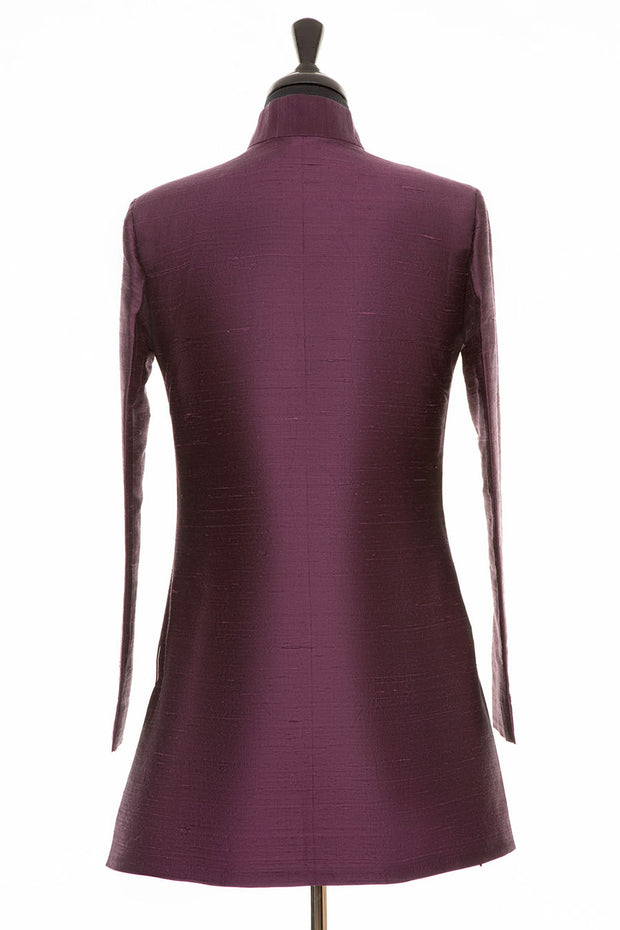 shibumi women's silk nehru jacket in aubergine back view