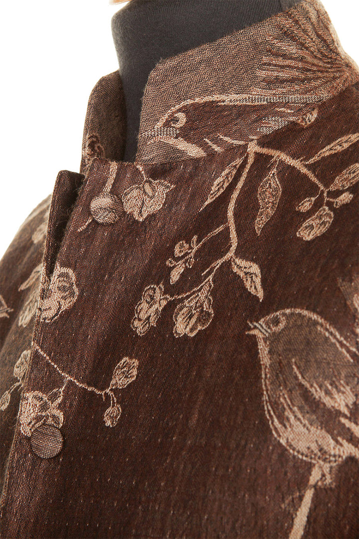 Cashmere high collar jacket with birds and flower motives. Smart casual women's jacket. 