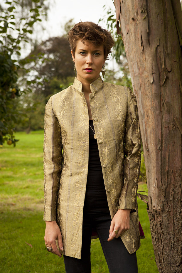 gold embroidered silk jacket, mother of the bride outfit, nehru collar jacket