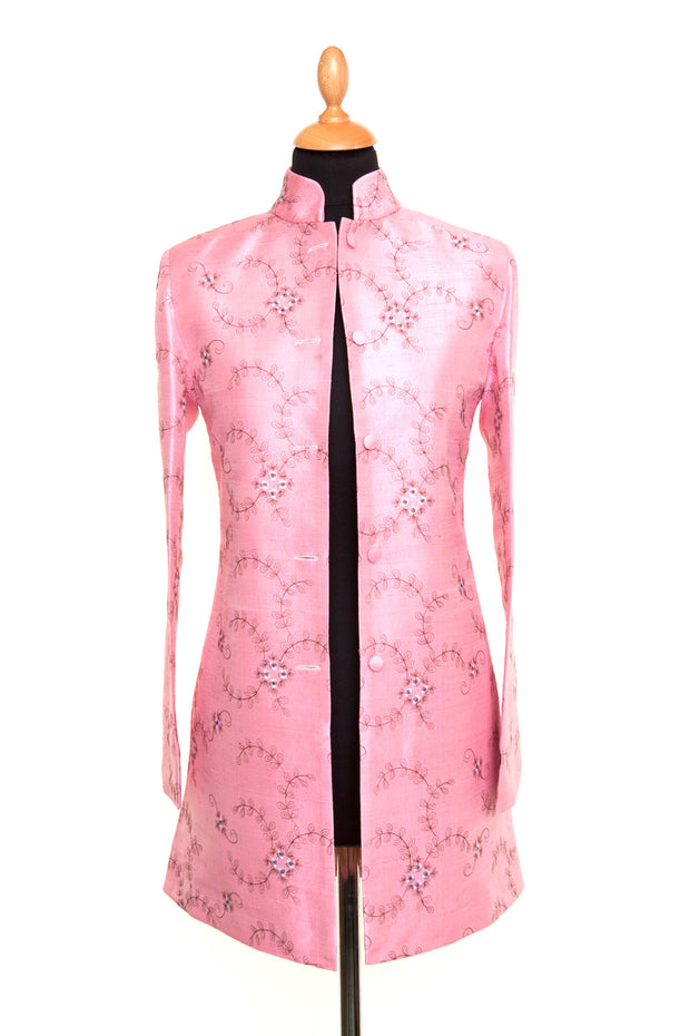 pale pink longline jacket, mother of the bride outfit, embroidered silk fabric