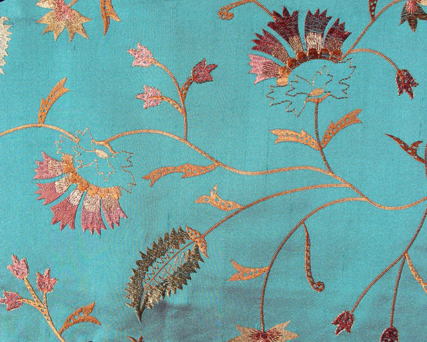 teal embroidered silk fabric