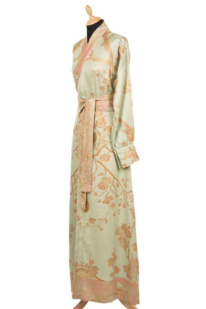 cashmere kimono dres with long sleeves and sleeve button detail, belted elegant kimono