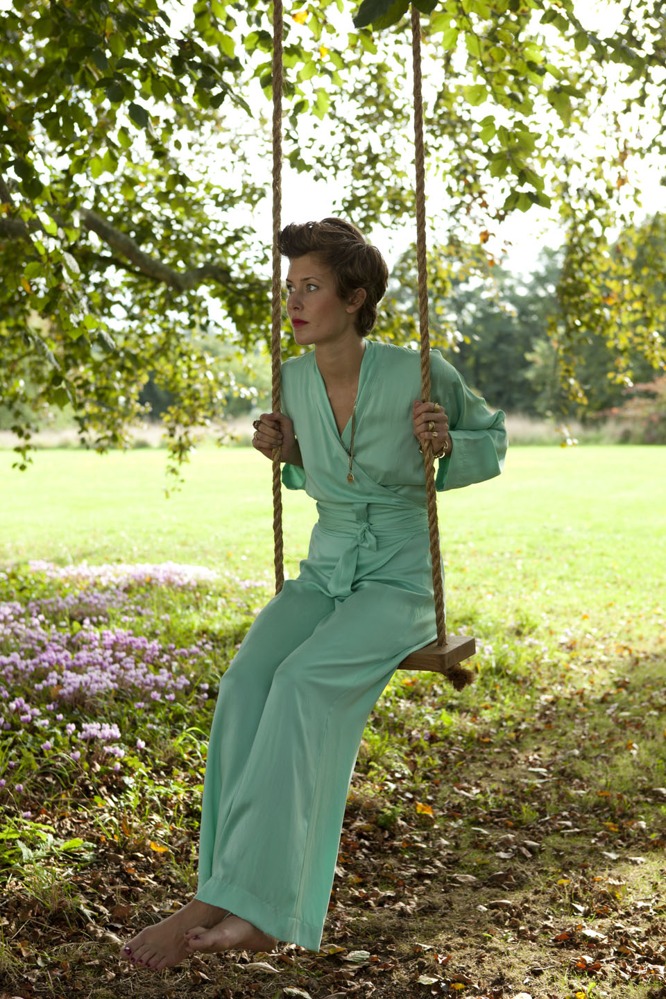 Belted flattering jumpsuit with wide leg. Women's silk playsuit. 