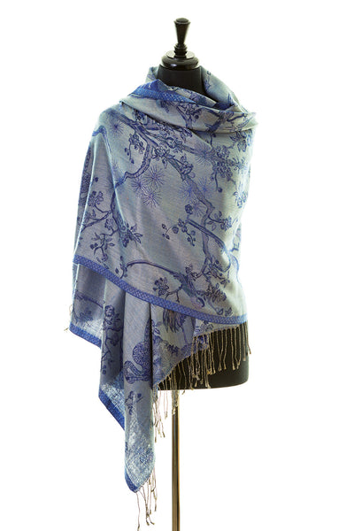 Blue and white pashmina. Tree of life motif. 