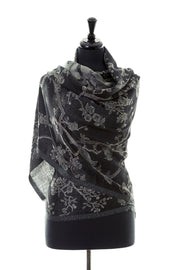 black cashmere scarf with flower pattern 