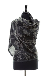 Black scarf with flower motif. Luxury cashmere shawl for women. 