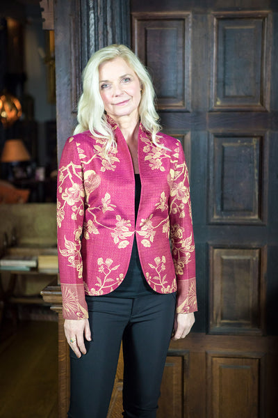 Dark pink cashmere jacket with floral embroidery, perfect for mother of the bride outfit or as an alternative wedding guest outfit