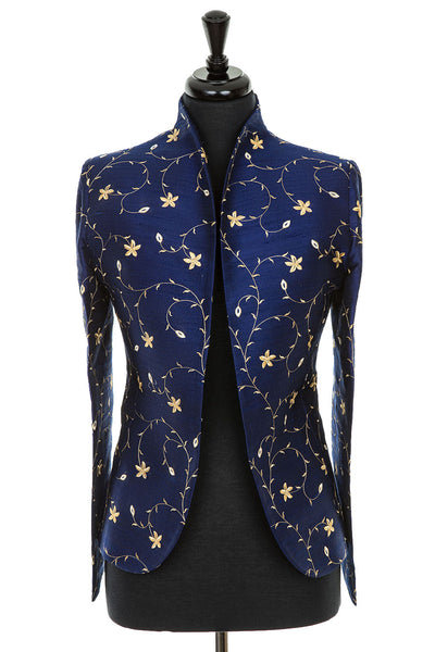 blue and gold embroidered silk tailored jacket for women, winter wedding mother of the bride outfit, wedding guest jacket with trousers, plus size smart jacket, silk opera outfit, jacket for the races