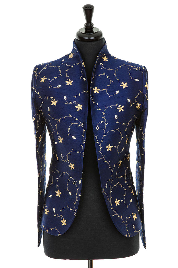 blue and gold embroidered silk tailored jacket for women, winter wedding mother of the bride outfit, wedding guest jacket with trousers, plus size smart jacket, silk opera outfit, jacket for the races