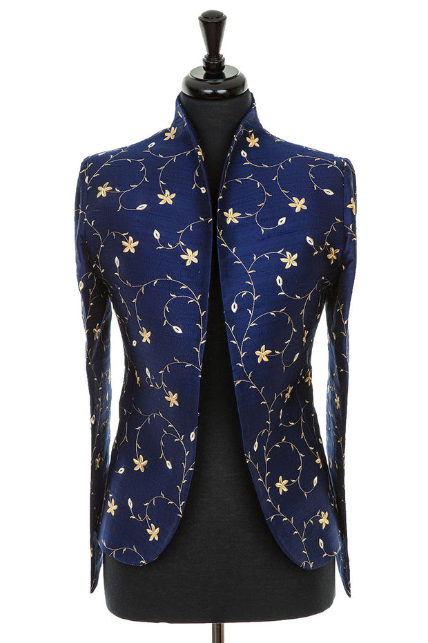 blue and gold embroidered silk tailored jacket for women, winter wedding mother of the bride outfit, wedding guest jacket with trousers, plus size smart jacket, silk opera outfit, jacket for the races, sale, discount