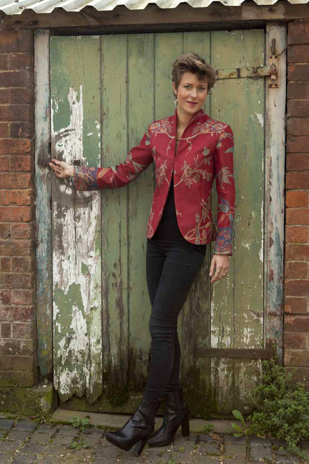 red cashmere fitted jacket, cashmere blazer, womens cashmere jacket, floral jacket, mother of the bride