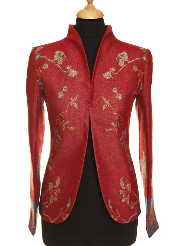 bright red cashmere fitted blazer for women, red floral mother of the bride outfit plus size, wedding guest outfit with trousers, red opera jacket, short jacket for women, special occasion jacket
