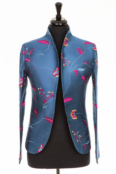 blue and pink embroidered silk fitted jacket, non-traditional mother of the bride outfit, silk plus size jacket, blue silk opera jacket, floral silk outfit