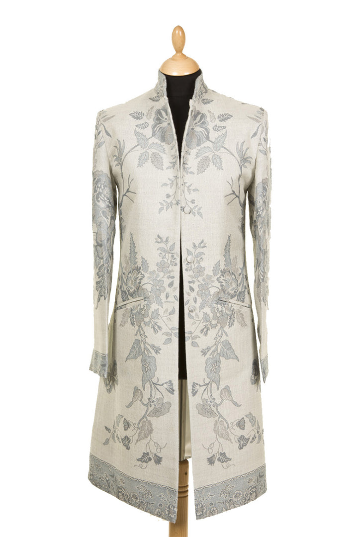 Shibumi coat in grey with floral pattern. Grey women's cashmere coat. 