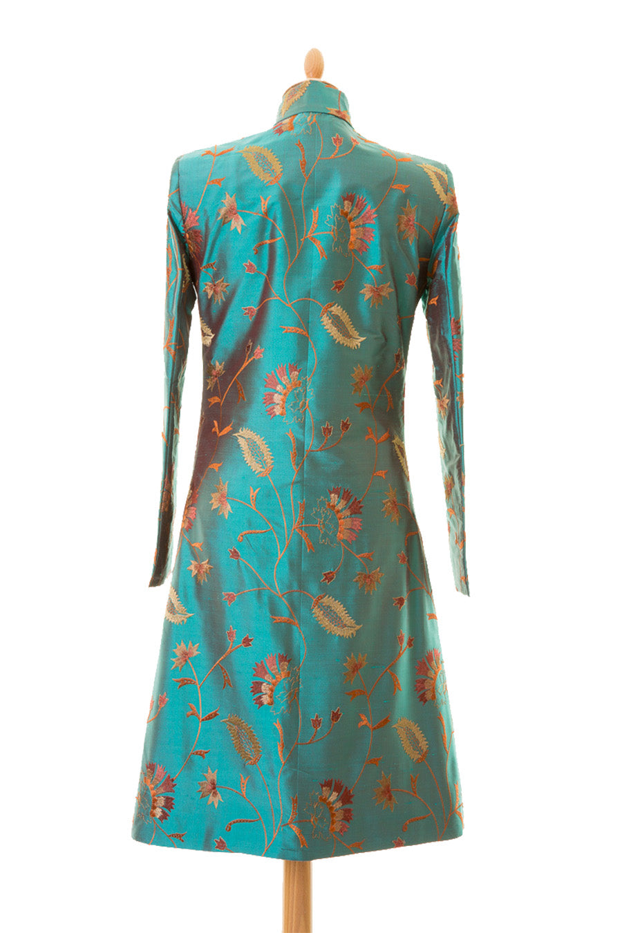 Mid length silk coat for women. Floral embroidery. 