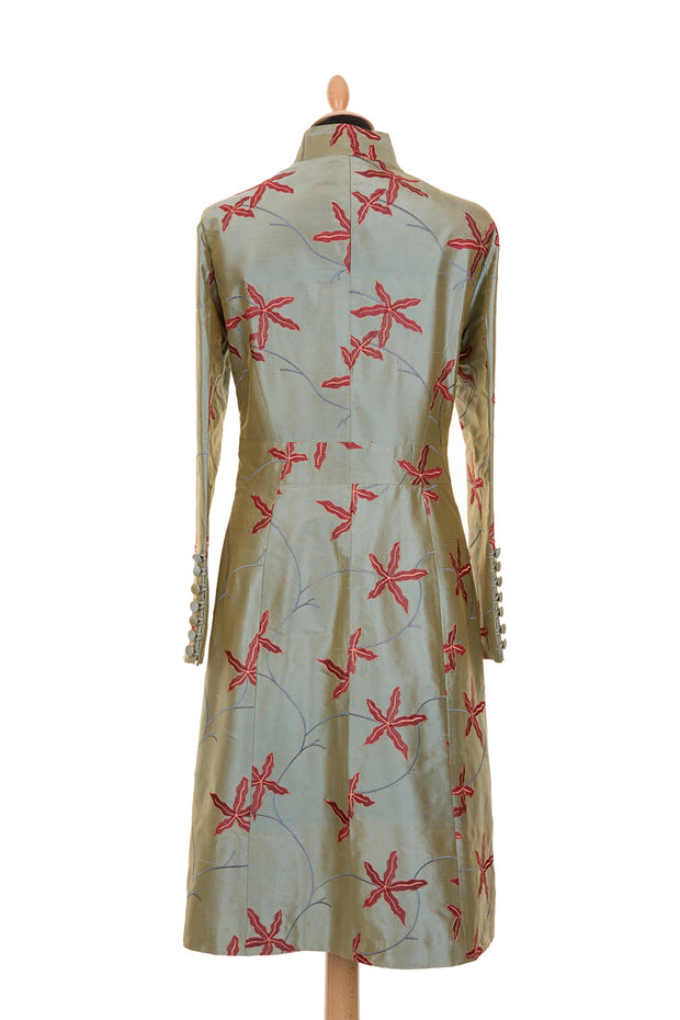 women's silk coat, sage green embroidered silk, plus size mother of the bride outfit, unusual wedding outfit, royal ascot outfit ideas
