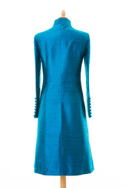 bright teal blue raw silk wedding coat, mother of the bride outfit, special occasion coat, silk opera coat, plus size outfit for races, ascot outfit ideas, fitted silk coat, mother of the groom coat