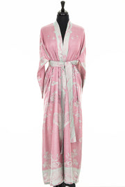 Womens cashmere silk blend dressing gown with a gown belt in a light pink cashmere fabric with a Tree of Life pattern in pale aqua