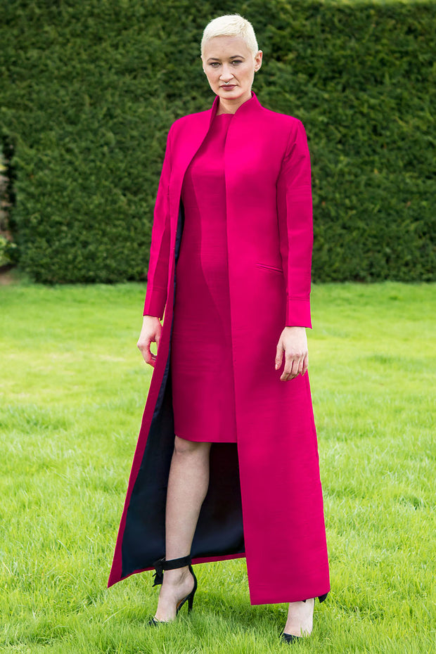 wedding guest outfit - pink long coat with pink silk dress