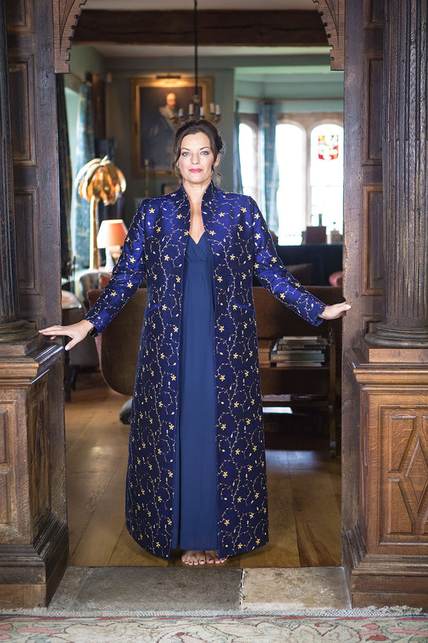 striking long blue coat in embroidered silk 
