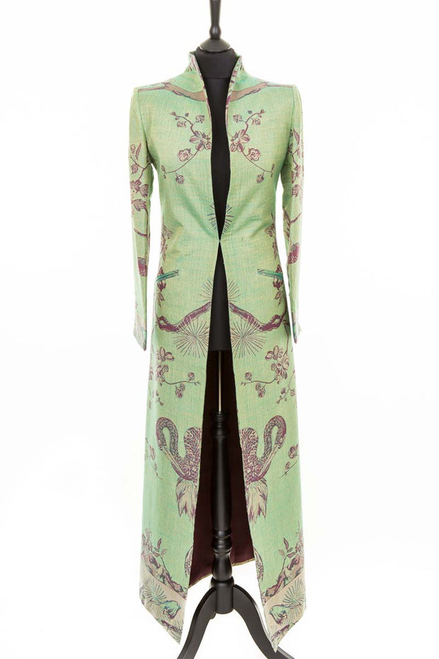 full length coat in green with birds and flowers 