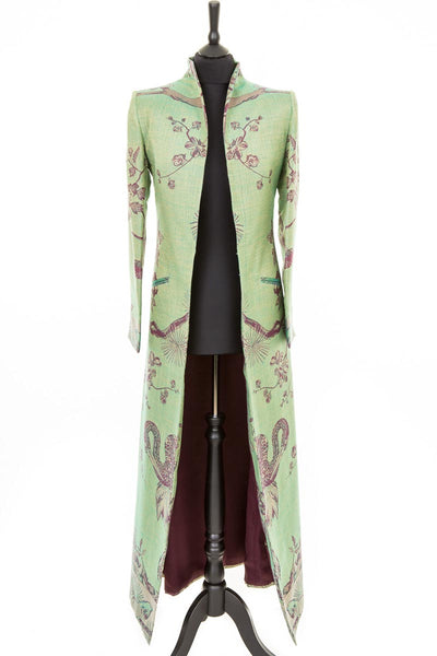 long statement coat in green, cashmere coat with a tree of life